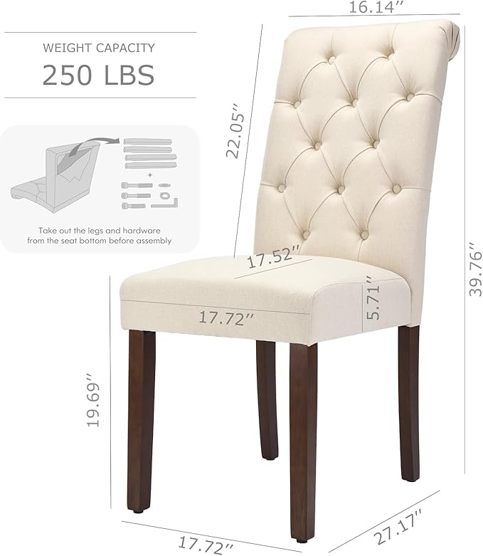 Tufted Dining Chairs Set of 2, Upholstered Parsons Dining Room Chairs, Fabric Kitchen Side Chair with Wood Legs, Beige