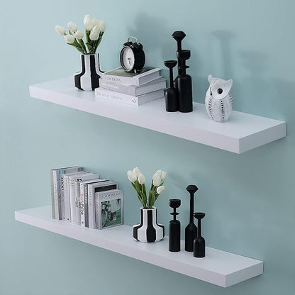 WELLAND Mission Floating Shelf, Wall Mount Shelving, Wood Modern Display Shelves, Bookshelves,for Living Room Kitchen, Approx 60-inch Length by 2-inch High, White
