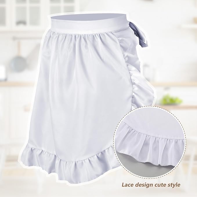 Geyoga Aprons for Women with Pockets Kitchen Cooking Waitress Maid Apron Vintage Skirt Cute Ruffle Dress Costume(White,No Pockets Style)