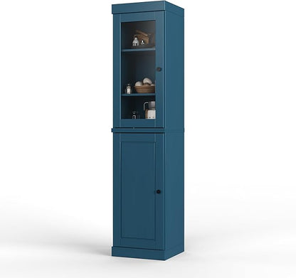 Palace Imports Solid Wood Kitchen Pantry - Narrow Storage Cabinet - 16.5" Wide x 71.5" Tall - 1 Raised Panel & 1 Glass Door, Teal Blue, Adjustable Shelves, 100% Eco-Friendly Wood, Modular Cabinets