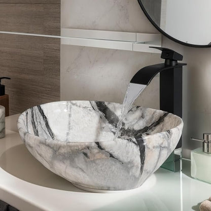 Oval Vessel Sink 16"x13" White Ceramic Bathroom Sink with Waterfall Faucet and Pop-up Drain Bowl Sink White Black Marble Bathroom Sinks Above Counter