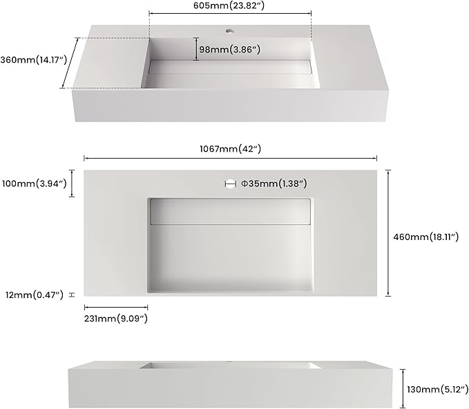 42" x 18" Wall Mount Sink, Stone Resin Rectangular Bathroom Sink, Modern Floating Vessel Sinks for Vanity, Art Basin Trough, Durable and Stylish Bathroom Sinks for Modern Homes, White