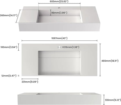 42" x 18" Wall Mount Sink, Stone Resin Rectangular Bathroom Sink, Modern Floating Vessel Sinks for Vanity, Art Basin Trough, Durable and Stylish Bathroom Sinks for Modern Homes, White