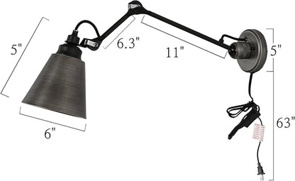 KSANA Modern 2 Pack Swing Arm Wall Sconce, Black Brushed Silver Plug-in or Hardwired Sconces Lighting, Adjustable Wall Mounted Lamp with On/Off Switch for Bathroom, Bedroom, Kitchen, Living Room