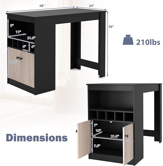 Giantex 48" Dining Table, Counter Height Bar Table with Storage Cabinet, Wine Rack, Compartment & Adjustable Shelf, Modern Bistro Tables for Home, Coffee Shop, Kitchen, Pub, Black & Gray