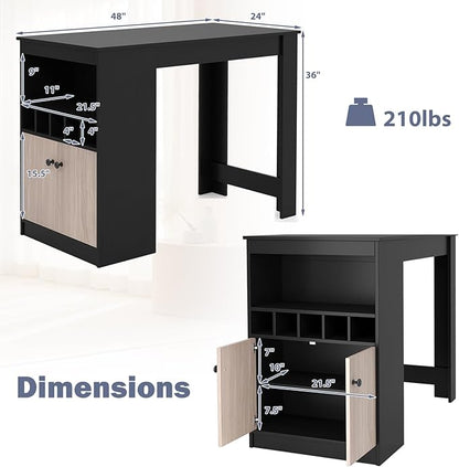 Giantex 48" Dining Table, Counter Height Bar Table with Storage Cabinet, Wine Rack, Compartment & Adjustable Shelf, Modern Bistro Tables for Home, Coffee Shop, Kitchen, Pub, Black & Gray