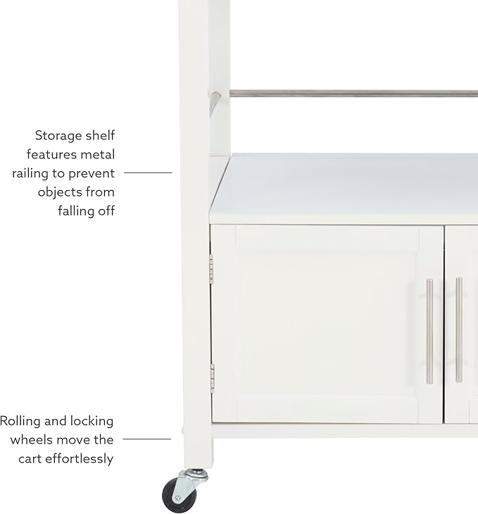 Linon Kyler White Granite Topped Kitchen Cart with Lockable Casters and Hidden Storage Spaces