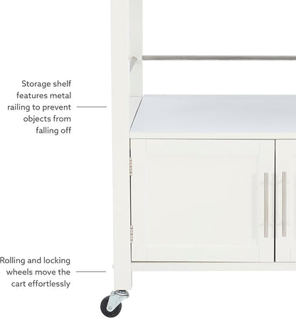 Linon Kyler White Granite Topped Kitchen Cart with Lockable Casters and Hidden Storage Spaces