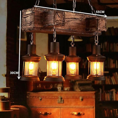 4 Lights Wood Vintage Chandelier, Industrial Farmhouse Island Light with Glass Lampshade and Adjustable Chain, Retro Loft Chandelier Dinning Table Pendant Lamp Fixtures for Bar Home Hotel Hallway