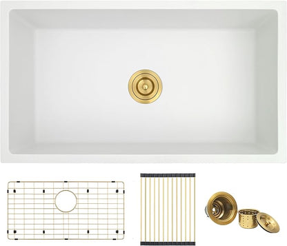 MILOSEN White Undermount Kitchen Sink, 30"x18" Granite Composite Single Bowl Kitchen Sinks, 9" Deep Large Undermount/Drop In Sink with Gold Accessories, White Quartz Kitchen Sinks for Modern Kitchen