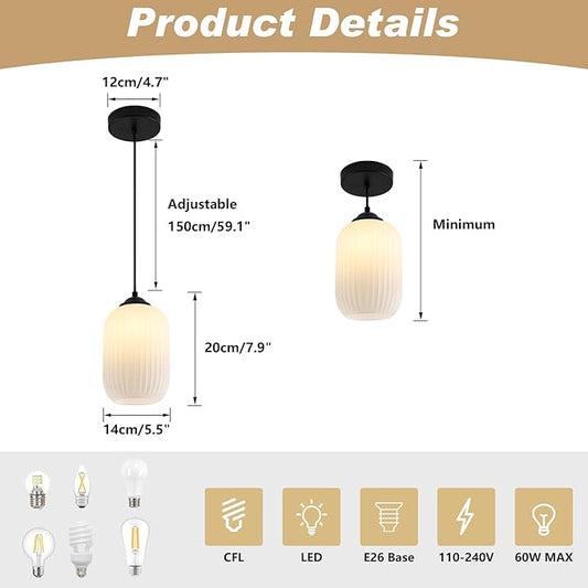 KCO Lighting Small Milk Glass Pendant Lighting Farmhouse Black Pendant Light Mini Glass Pendant Light Small Kitchen Pendant Lighting Over Island Dining Room Hanging Light Fixture (2 Pack)