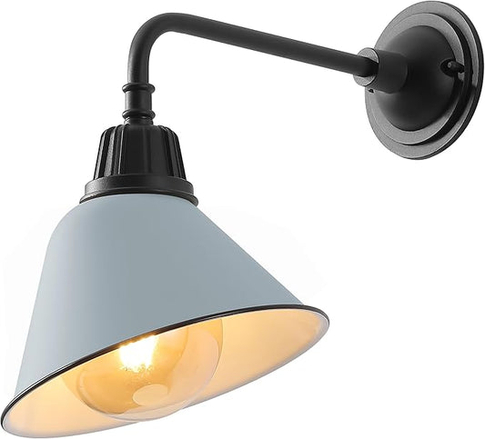JONATHAN Y 9.63" Matte Silver Blue/Black Farmhouse Outdoor Sconce, Industrial LED Wall Light, Gooseneck Arm Barn Lamp with Metal Bell Shade for Porch, Patio, Kitchen, LED Bulb Included (JYL7612K)