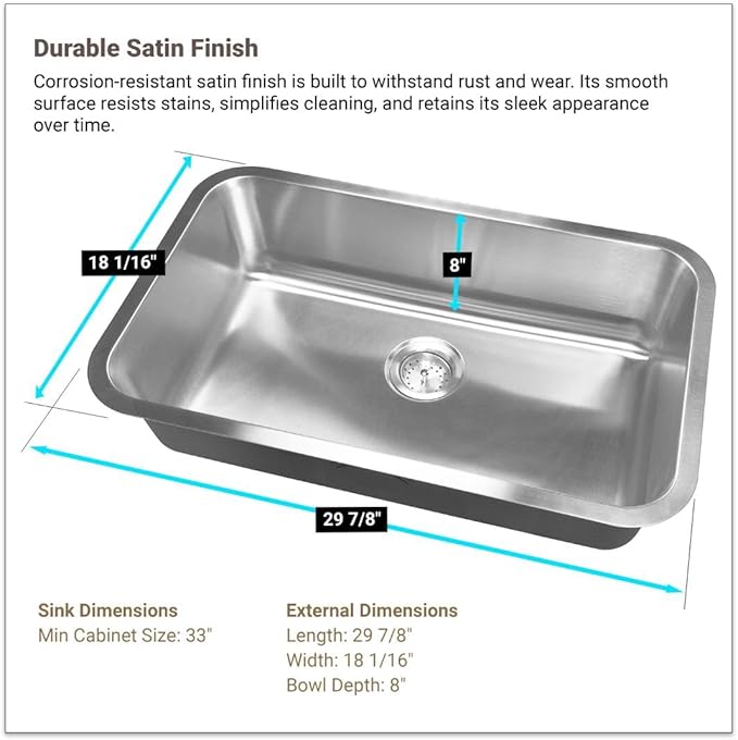 MSI 30 Inch Undermount Single Bowl 18 Gauge Stainless Steel Kitchen Bar Sink and Strainer