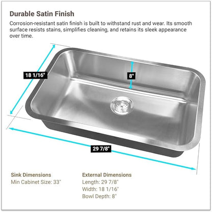MSI 30 Inch Undermount Single Bowl 18 Gauge Stainless Steel Kitchen Bar Sink and Strainer