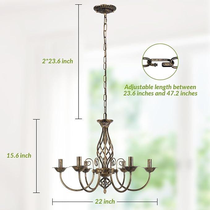 6-Light Farmhouse Candle Chandelier for Living Room, Rustic Industrial Pendant Ceiling Light fixture, Vintage Ceiling Hanging Lamp for Bedroom Hallway Kitchen Dining Room Foyer, Brown E12 Socket