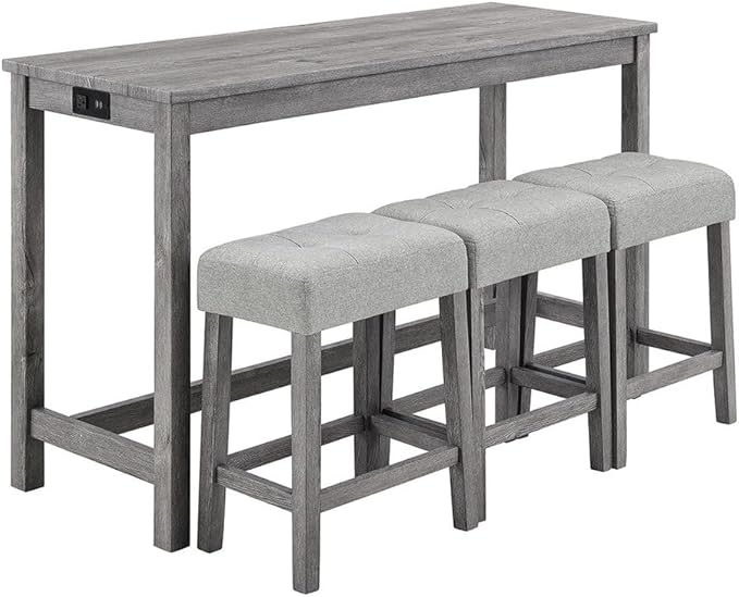 4 Piece Dining Table Set with 3 Stools, Small Kitchen Table Set Kitchen Island Table with Power Outlet, Space Saving Bar Industrial Bar Table and Chairs Set,for Living Dining Game Room,Gray