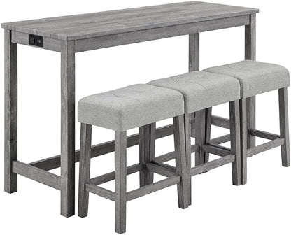 4 Piece Dining Table Set with 3 Stools, Small Kitchen Table Set Kitchen Island Table with Power Outlet, Space Saving Bar Industrial Bar Table and Chairs Set,for Living Dining Game Room,Gray