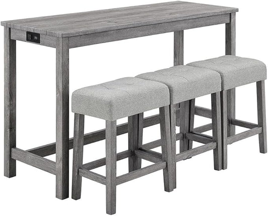 4 Piece Dining Table Set with 3 Stools, Small Kitchen Table Set Kitchen Island Table with Power Outlet, Space Saving Bar Industrial Bar Table and Chairs Set,for Living Dining Game Room,Gray