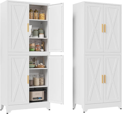 75" H Metal Storage Cabinet,31.5" Wide by 15.8" Deep Pantry Cabinet with 2 Adjustable Shelves,Farmhouse Cabinet for Bathroom Living Room Dining Room Kitchen,White