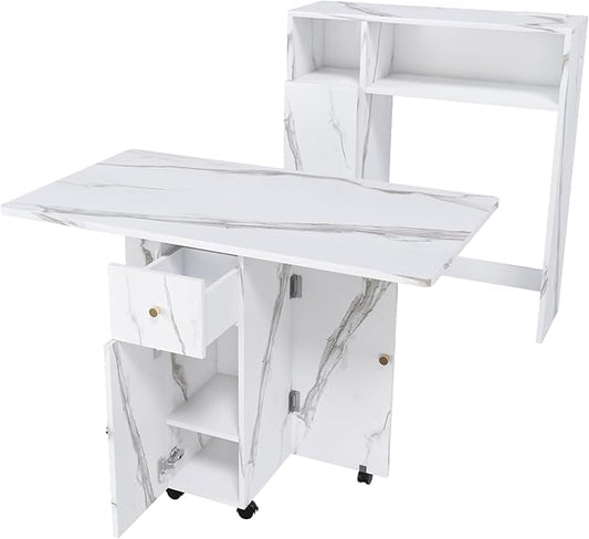 Multifunctional Convertible Dining Console Cabinet Wall-Mounted Foldaway Table Sideboard Buffet with Storage Shelves Drawer Power Outlets USB Wheels Locking Casters Collapsible Workstation (White)