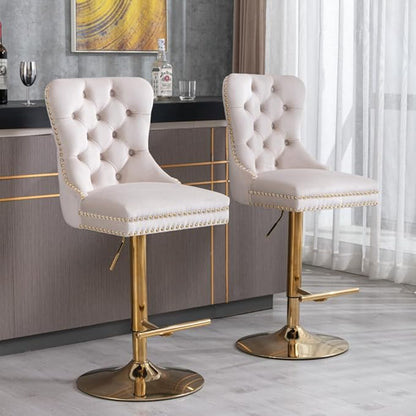 Set of 2 Thick Chrome Swivel Velvet Barstools,Adjustable 25-33" Height,with17.7 Base,Sponge&Spring Seat,for Home Pub&Kitchen Island(Blue) (Beige + Velvet + Foam)