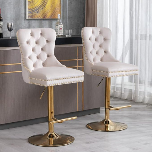 Set of 2 Thick Chrome Swivel Velvet Barstools,Adjustable 25-33" Height,with17.7 Base,Sponge&Spring Seat,for Home Pub&Kitchen Island(Blue) (Beige + Velvet + Foam)