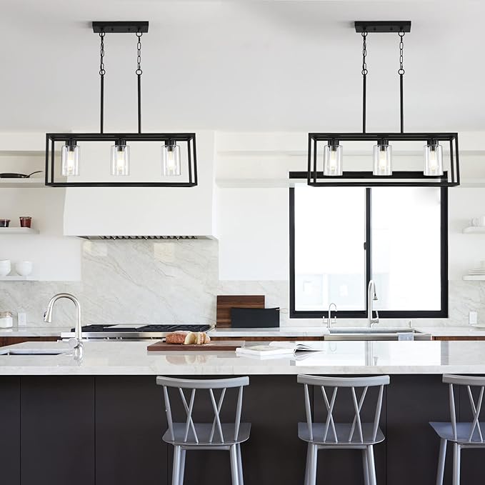 Black 3-Light Dining Room Light Fixture, Modern Farmhouse Chandeliers, Linear Rectangular Kitchen Island Lighting, Industrial Vintage Pendant Lighting with Clear Glass Shade Height Adjustable