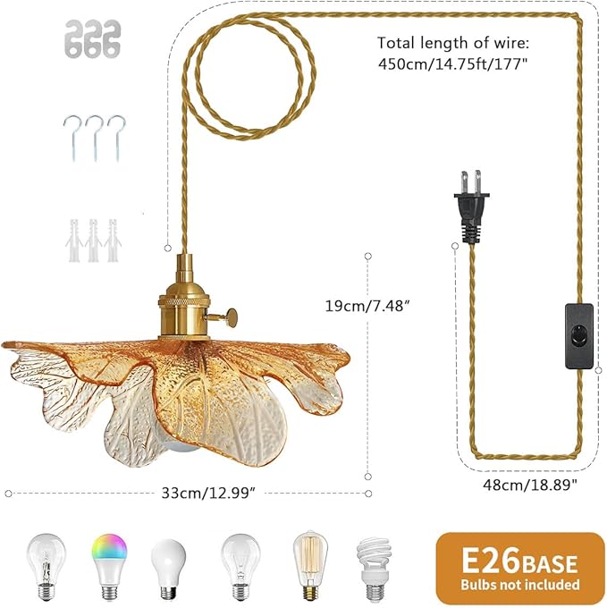 Plug in Pendant Lights 15ft Hanging Light with Plug in Cord Mid Century Modern Pendant Light Fixtures Hand Blown Amber Glass Pendant Light Plug in Hanging lamp for Kitchen Living Dining Room