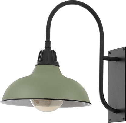 JONATHAN Y 12.25" Matte Olive Green/Black 1-Light Farmhouse Gooseneck Outdoor Wall Sconce Lamp, with Black Metal Bowl Shade, Industrial Iron LED Porch Light for Patio Garage Entryway (JYL7614I)