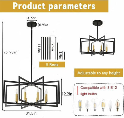 Farmhouse Chandeliers for Dining Room,8-Light Modern Geometric Metal Hanging Industria,Suitable for Restaurants, Living Rooms, Villas