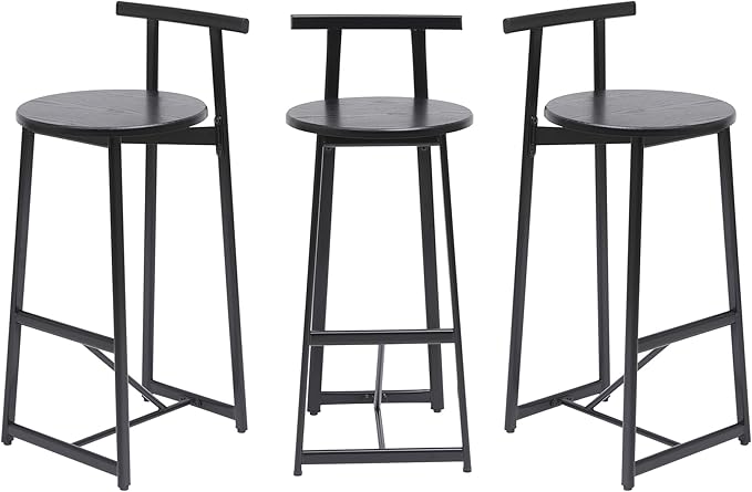 3-Piece Counter Height Bar Stool Set - Armless Back Stools for Kitchen Island (Black + MDF + Modern)
