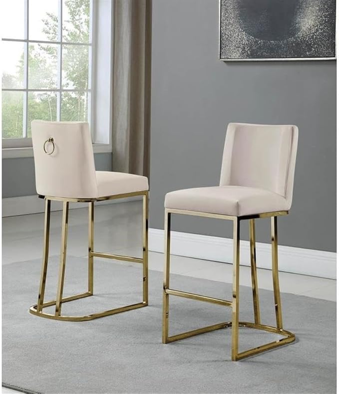 Modern Chairs Set of 2, Chrome Side Chairs & Counter Stools with Ring Pull Back, Luxury Upholstered Chairs for Kitchen Island, Dining Room & Home Bar (Velvet, Cream/Gold, Counter Height Chair)