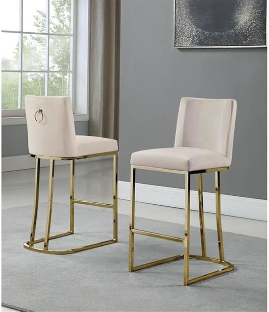 Modern Chairs Set of 2, Chrome Side Chairs & Counter Stools with Ring Pull Back, Luxury Upholstered Chairs for Kitchen Island, Dining Room & Home Bar (Velvet, Cream/Gold, Counter Height Chair)