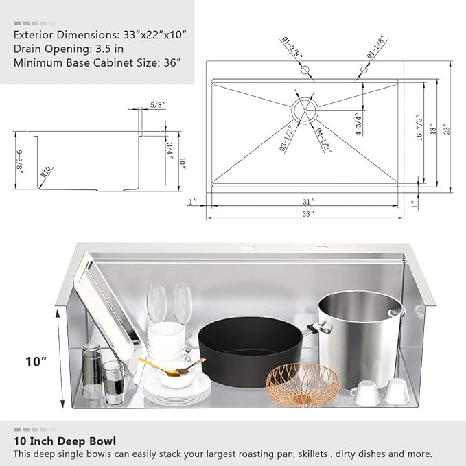 33 Inch Kitchen Sinks Drop In Workstation-VASOYO 33 x 22 Drop In Top Mount Kitchen Sink Stainless Steel 16 Gauge Deep Single Bowl Overmount Sink with Cutting Board