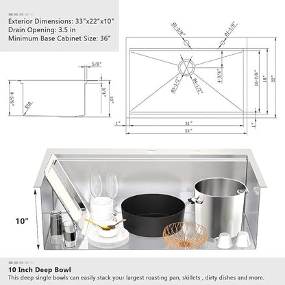 33 Inch Kitchen Sinks Drop In Workstation-VASOYO 33 x 22 Drop In Top Mount Kitchen Sink Stainless Steel 16 Gauge Deep Single Bowl Overmount Sink with Cutting Board
