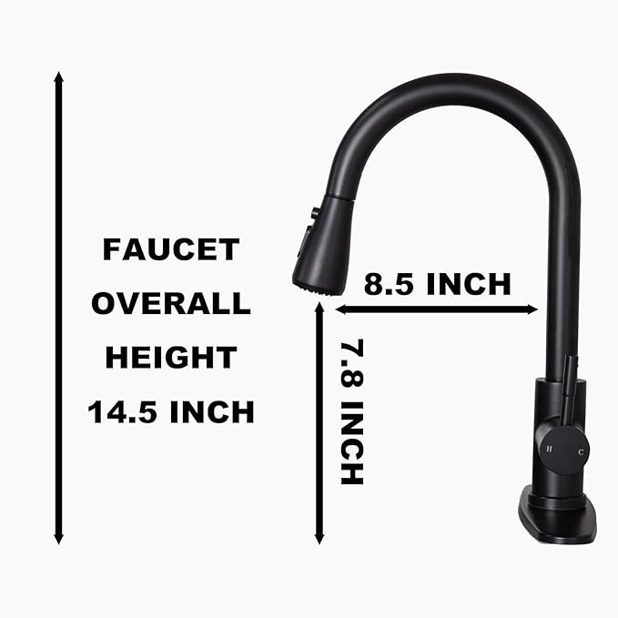 HOTIS Black Kitchen Faucet, Single Handle Matte Black Kitchen Faucets with Pull Down Sprayer, Stainless Steel Suitable for 1 or 3 Hole Sinks for Farmhouse, RV, Laundry, Bar, HT-KYT010B-D-new