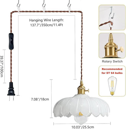 XZHGCEE Plug in Pendant Light: Milk Glass Hanging Light Plug in Hanging Lamp, White Pendant Lighting for Kitchen Island, Bedroom, Dining Room, Living Room, E26 No Bulb