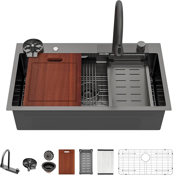 Sarlai Waterfall Kitchen Sink - 33 Inch Drop In Workstation Sink With Waterfall Black Stainless Steel 16 Gauge Multifunction Single Bowl Smart Top Mount Kitchen Sinks with Mechanical Keys 33x19x9 Inch