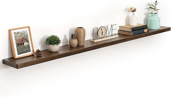 72 Inch Flat Edge Floating Shelves, 8 Inch Deep Solid Elm Wood Wall Shelf, Heavy-Duty Wall Mounted Shelf with Invisible Brackets for Living Room, Bathroom, Kitchen, Set of 1, Walnut Color