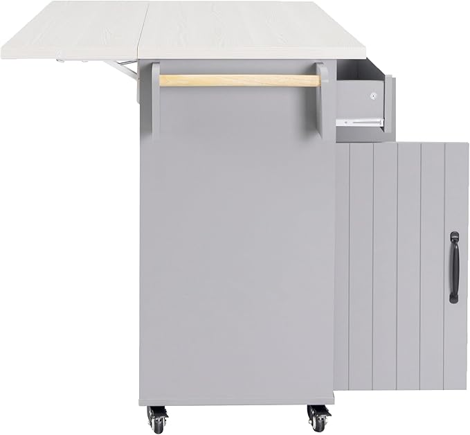 51.06" Mobile Kitchen Drop Leaf and Multipurpose Tilt-out Trash Can,Storage Cabinet w/Spice, Towel Rack & Drawer & Adjustable Shelf,Rolling Islands on Wheels,Grey, 50.25"