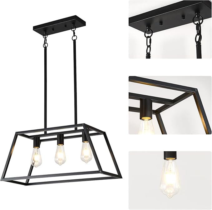 Kitchen Lighting Fixtures Ceiling Hanging Modern Linear Hanging Matte Black 3-Light Industrial Pendant Lighting for Kitchen Island