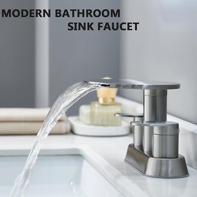 Waterfall Bathroom Sink Faucet 3 Hole Brushed Nickel，Modern 2 Handle Vanity Faucet for Bathroom Sink 4 inch Centerset with Round Shelf & Metal Pop-Up Drain
