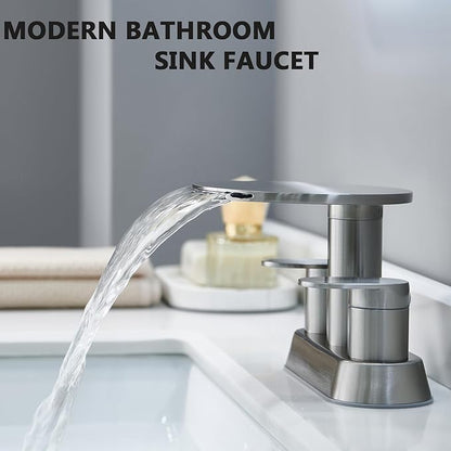 Waterfall Bathroom Sink Faucet 3 Hole Brushed Nickel，Modern 2 Handle Vanity Faucet for Bathroom Sink 4 inch Centerset with Round Shelf & Metal Pop-Up Drain