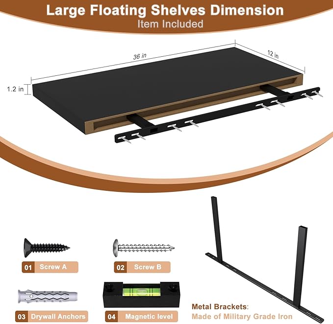 12 Inch Deep Floating Shelves for Wall 2 Pack Floating Shelfs Large Storage Space Wall Decor Display Shelf for Bathroom Living Room Bedroom Kitchen 36" W x 12" D x 1.2" H Black