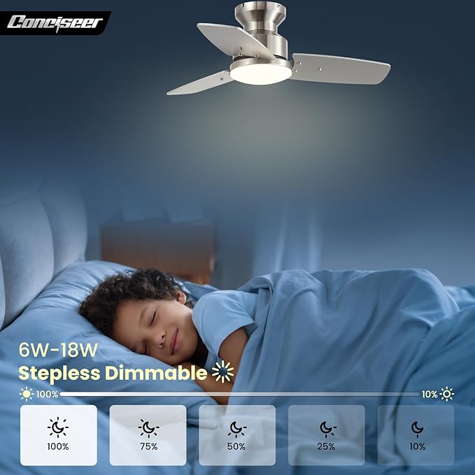 30 Inch Ceiling Fans with Lights and Remote, Bedroom Living Room Office, Flush Mount, 3CCT Dimmable, Dual Color 3 Blades 6 Speed Reversible Quiet DC Motor, Sand-Nickel/Wood Grain, 2 Pack