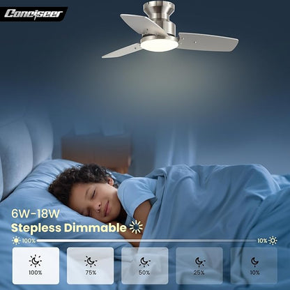 30 Inch Ceiling Fans with Lights and Remote, Bedroom Living Room Office, Flush Mount, 3CCT Dimmable, Dual Color 3 Blades 6 Speed Reversible Quiet DC Motor, Sand-Nickel/Wood Grain, 2 Pack