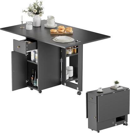 LotFun Folding Dining Table, Space Saving Table with 6 Wheels, Movable Kitchen Dining Table for Small Spaces, Drawer and 2-Tier Storage Racks