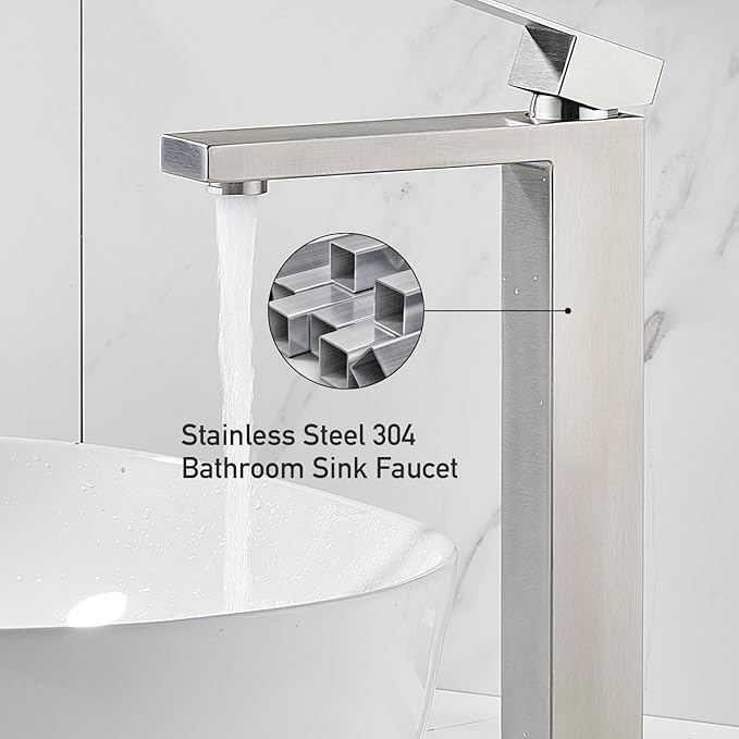 AVSIILE Vessel Sink Faucet, Brushed Nickel 1 Hole Single Handle Tall Bathroom Vanity Faucets, Modern Utility Rv Laundry Bath Restroom Mixer Tap with Metal Pop Up Drain and 2 Water Supply Lines
