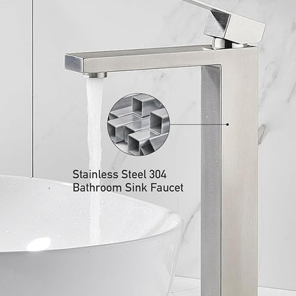 AVSIILE Vessel Sink Faucet, Brushed Nickel 1 Hole Single Handle Tall Bathroom Vanity Faucets, Modern Utility Rv Laundry Bath Restroom Mixer Tap with Metal Pop Up Drain and 2 Water Supply Lines