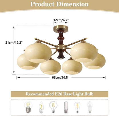 KCO Lighting Vintage Ceiling Mount Chandelier Mid Century Modern Entryway Ceiling Light Yellow Glass Globe Ceiling Light Fixture 6 Light Sputnik Gold Chandelier